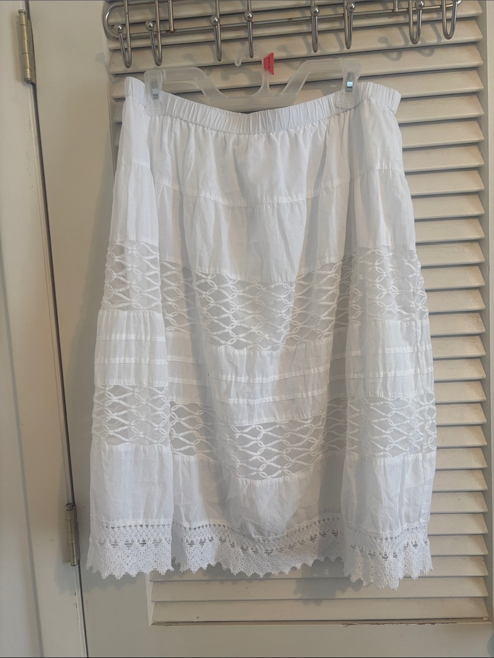 White Crochet-Panel Midi Skirt with Elastic Waist